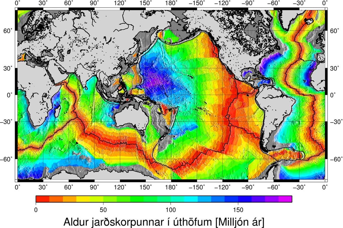 Aldur úthafsskorpu í mercator vörpun