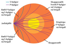 p-bylgjur, s-bylgjur, skuggasvæði, jarðskjálftabylgjur